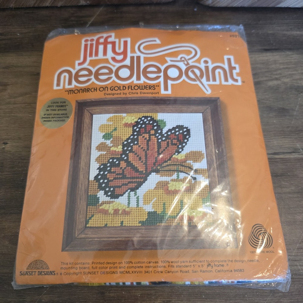 Jiffy Needlepoint Kit Monarch On Gold Flowers Sunset Designs Unopened New #5216